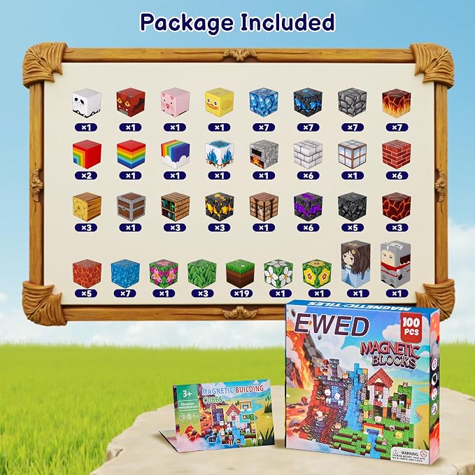 100PCS Magnetic Blocks, Magnetic Building Blocks Cubes Tiles, STEM Educational Stacking Magnets School Game Toys for Kid Ages 3 4 5 6 7 8 9 10 11 Birthday Party Supplies Gifts for Boys and Girls