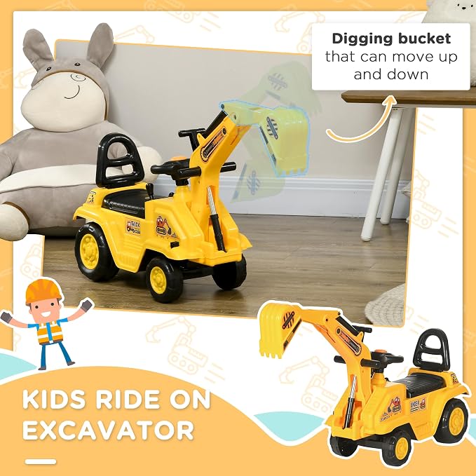 HOMCOM Ride On Excavator Pull Cart, Kids Digger Ride on Truck with Horn, Under Seat Storage, Sit and Scoot Pretend Play Toy Construction Car for Ages 18-48 Months