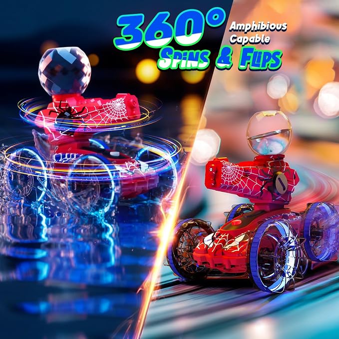 Spider Amphibious Remote Control Car for Boys Kids - 4WD Waterproof 2.4 GHz 360°Rotation RC Stunt Car - Water and Land Pool Toys Cars for 4 5 6 7 8 9 10 Year Old Boys Christmas Birthday Gifts