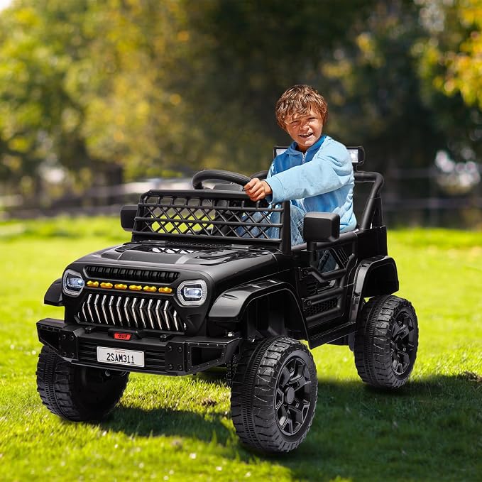 GarveeLife 12V Kids Ride On Truck Electric Vehicle Battery Powered Car Toddlers Ride On Toy for Boys Girls with Remote Control, 4-Wheel Suspension, Battery Display, LED Lights, Music, Black
