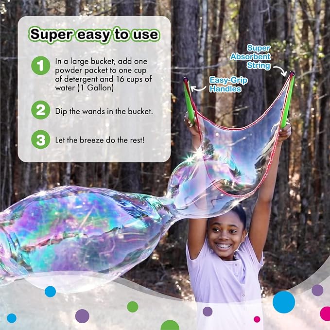WOWmazing Giant Bubble Powder Kit: Include Large Bubble Wand and 3 Packet of Big Bubble Powder (Makes 3 Gallons) | Outdoor Toy for Kids, Boys, Girls | Powder Made in USA