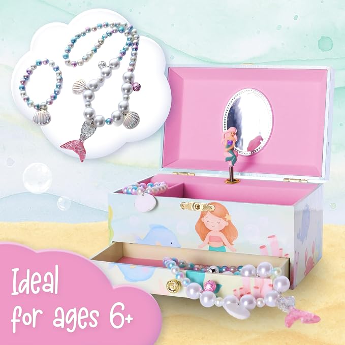 The Memory Building Co Mermaid Musical Jewelry Box Plays Classic Melody, Storage Organizer Music Box for Kids Ages 6-12, MDF Wood w/ 2 Fabric Lined Ring Bracelet Necklace Treasure Compartments