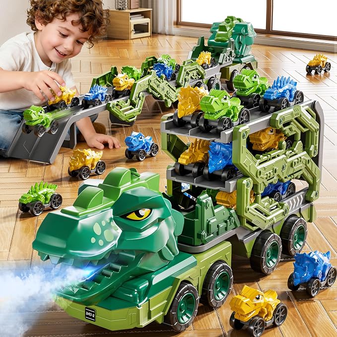 10 in 1 Dinosaur Truck Toys for Kids Aged 3-5 4-8 with Foldable Race Track, Carrier Truck with 9 Dinosaur Toy Car for Boys, Spraying, Light and Sound, Birthday Gifts for Girls Toddlers 5-7