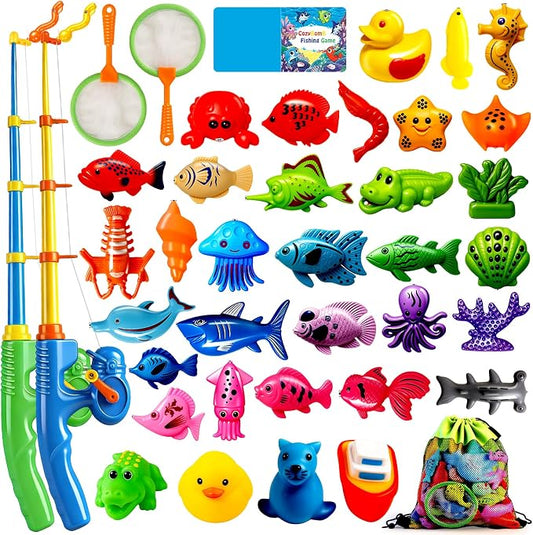CozyBomB™ Magnetic Fishing Toys Game Set for Kids | Water Table Bathtub Kiddie Pool Party Pole Rod Net, Outdoor Plastic Floating Fish, Toddler Bath Color Ocean Sea Animals Birthday Gift Age 3-5 6 4-8