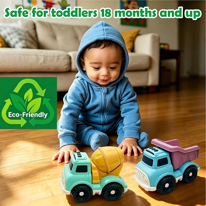 6.7" Push Cars Dump Truck & Cement Mixer Toy Cars for 1-3 Year Old, BPA/Phthalates/PVC Free, Recycled Plastic Dishwasher Safe, Toy Trucks for Toddlers 2-4, Birthday Gift for Boy Girl