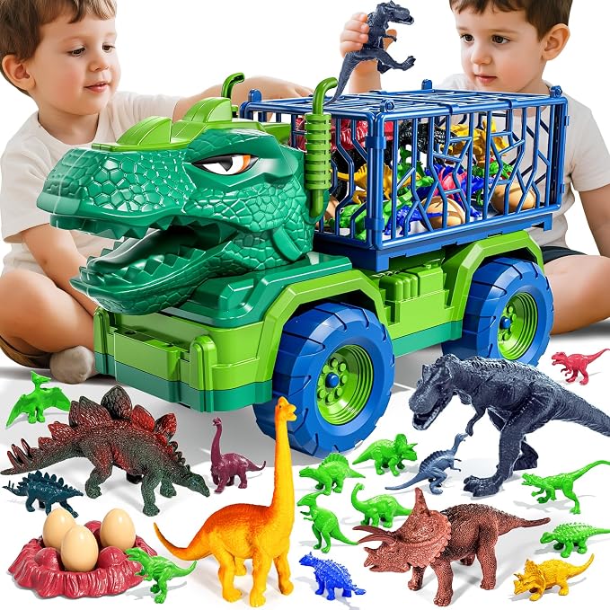 22 in 1 Toddler T-rex Dinosaur Truck Toy Set for Kids Boys 3-5 5-7, Tyrannosaurus Carrier Transport Truck with 18 Jurassic Dino Figures Birthday Toy for Boys Girls 3 4 5 6 7 Years Old