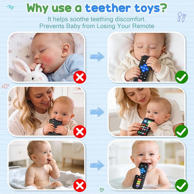 2 Pack Baby Teething Toys 3-6 6-12 Months, BPA Free Silicone Phone and TV Remote Teether Toys for Baby 12-18 Months, Baby Chew Toys for Teething Relief, Newborn Shower Gifts for Boys Girls