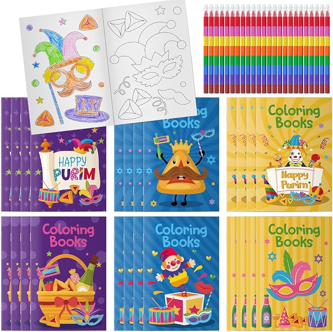 Cinrobiye 24 Set Purim Coloring Books DIY Happy Purim Mini Coloring Booklet Set with Stacking Crayons, Jewish Holiday Party Supplies, Goodie Fillers, Classroom Reward Favors