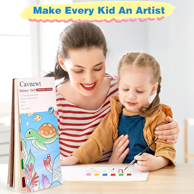 Cavnewt Pocket Watercolor Painting Book,21-Pages,Travel Paint Watercolor Coloring Book Set for Kids 3-8 Years Old,Boys and Girls Party Birthday Thank You Exchange Art Craft Gifts-Undersea World