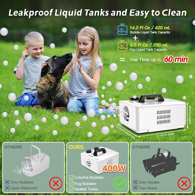 Wisdomlit Fog Bubble Machine, 2-in-1 No-Spill Smoke Bubble Machine (White) | 400W Power, 2 Bubble Modes, 8000+ Colorful or Fog-filled Bubbles, Great for Indoor Outdoor Halloween Party