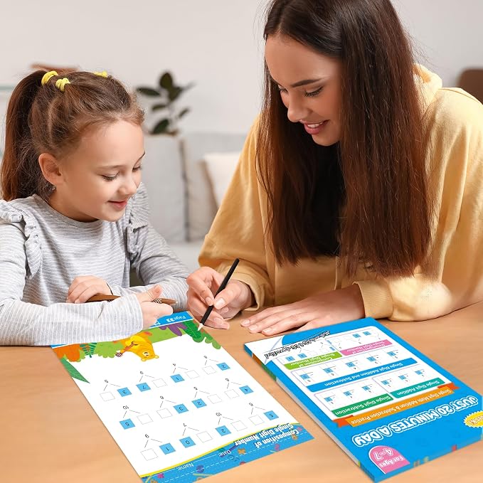 Addition and Subtraction Practice Worksheets Single Digit Math Problem Workbook for Pre-Kindergarten, Kindergarten, and 1st Grade Students for Ages 3-7, 56 Pages Front and Back, 5 Question Types