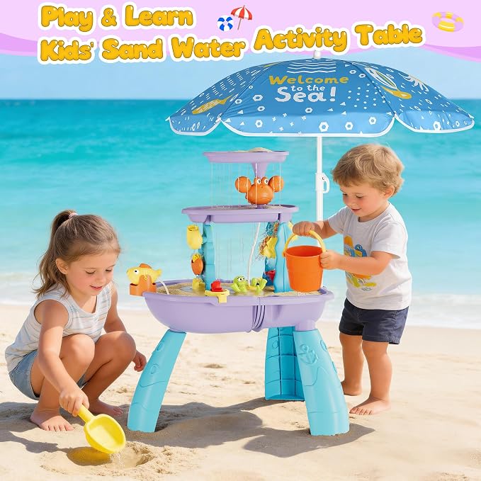 3-Tier Outdoor Water Sand Play Table Beach Toys, Summer Splash Activity Sensory Table Party Birthday Gift for Kids 3 4 5 6 7(Purple)
