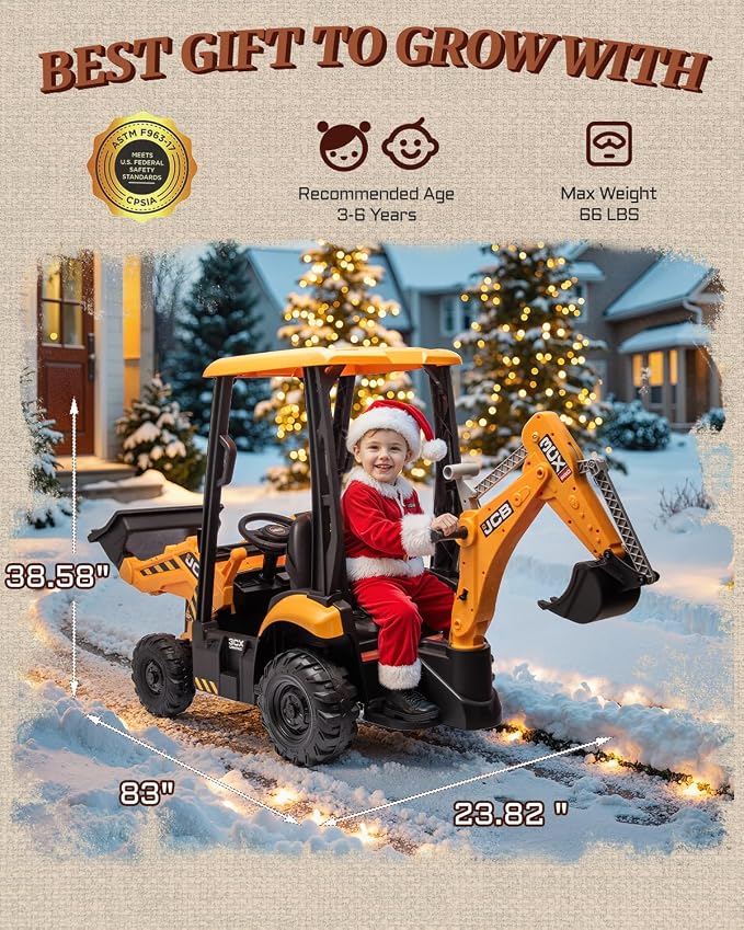 First Ride On JCB 12V Ride on Excavator for Kids with Remote Control, 3-in-1 Excavator, Bulldozer & Backhoe Ride on Toy, Kids Electric Construction Car with Reversible Seat, Canopy & Seat Belt (12V)