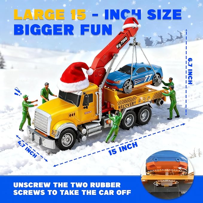 SMILESSKIDDO Toddler Boy Toys for 3 4 5 6 Year Old - 1:12 Large Friction Powered Tow Truck with Light & Sound, Sports Car & Road Signs, Birthday Gifts for Kids, Toddlers Gifts