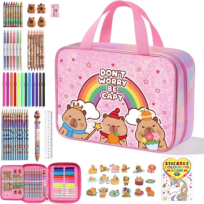 73PCS Capybara Washable Markers Set with Glitter Pencil Case,Art Supplies and Craft for Girls Ages 4-6-8,Kids Coloring Drawing Kit with Marker,Colored Pencil,Crayon,Gel Pen,Birthday Gift Toys for Girl