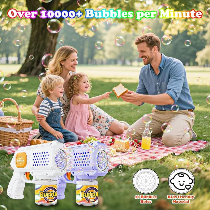 Panamalar 2 Packs Bubble Guns for Kids, Automatic Bubble Machine Gun 10000+ Bubbles/Min, 10 Holes Bubble Maker Toys with Solution/Light for Boys Girls Outdoor Wedding Party, Purple+White