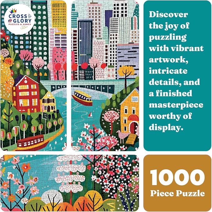 Cross & Glory – Vancouver Under Open Skies – 1000 Piece Jigsaw Puzzle for Adults | Modern Folk Art Vancouver City Scene | Minimalist, Colorful Travel Puzzle