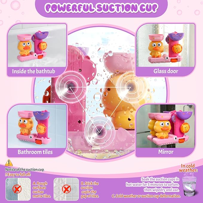 Toddler Bath Toys for Kids Ages 1-3 Waterfall Bathtub Toys for Toddlers 2-4 | with 3 Stacking Cups No Mold Baby Bath Toys Interactive Duck Shower Toys for 1+ Year Girl Gifts with Strong Suction Cups Pink