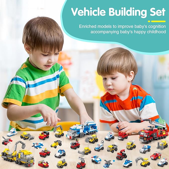 Sawaruita 30Pack Mini Cars Building Blocks Party Favors for Kids-Bulk Fire Truck,City Police Car,Construction Vehicle for Birthday Goodies Bag Easter Filling,Classroom Prizes for Boys 6-12