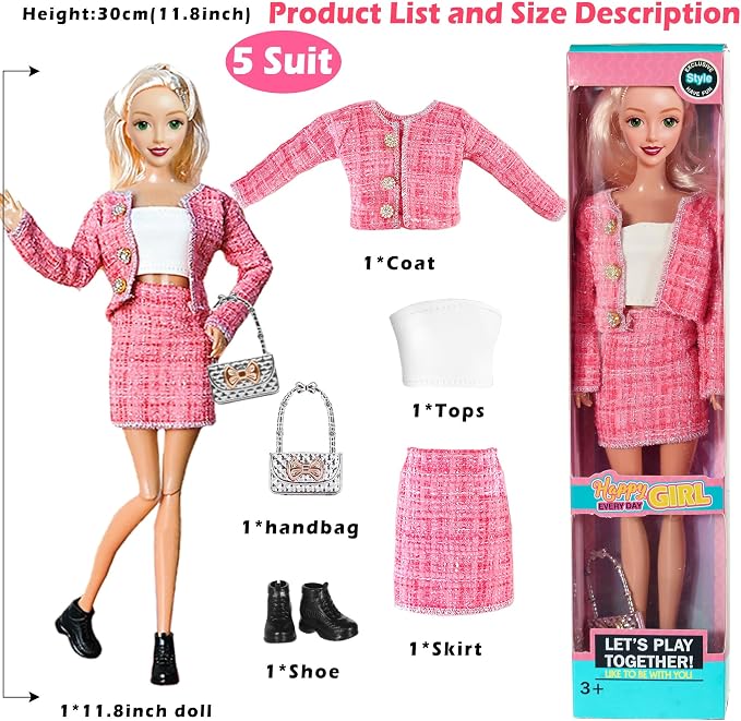 6 Pack Fashion 11.5 inch American Toy Prinecess Dolls Playset with Outfits Dress Design and Accessories Like Handbag Hat Crown Necklace Suitcase (Gift Box Package)