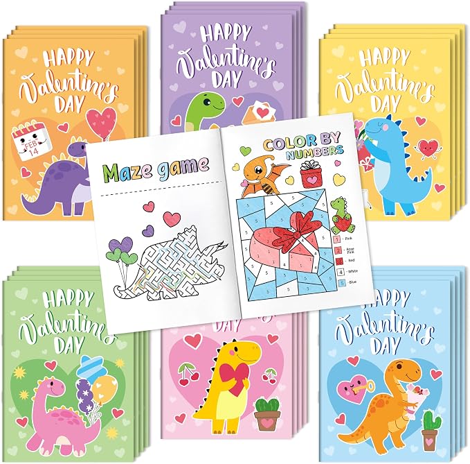 Valentine’s Day Activity Books for Kids - 24Pcs Dinosaur Theme Mini Games Coloring Book Set Bulk Mazes Word Search Word Scramble Games for Valentines Party Goodie Bags Stuffers School Classroom Favors