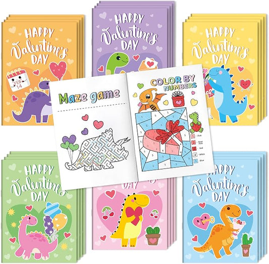 Valentine’s Day Activity Books for Kids - 24Pcs Dinosaur Theme Mini Games Coloring Book Set Bulk Mazes Word Search Word Scramble Games for Valentines Party Goodie Bags Stuffers School Classroom Favors