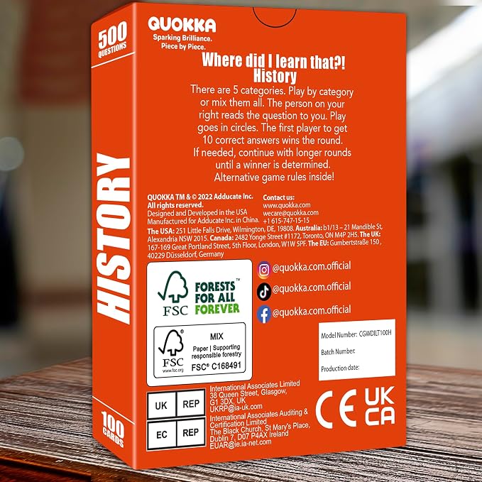 QUOKKA Trivia Card Games for Adults with 500 Questions – History Board Games for Adults, Teens and Families – Trivia Cards with Answers – Fun Party Game for Family Game Night