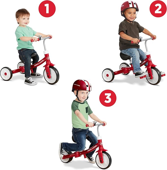 Radio Flyer Triple Play Trike, For Ages 1-3, 3-in-1 Ride-On, Tricycle or Balance Bike, Tool-Free Transformation, Adjustable Padded Seat, Pedal Storage, Ringing Bell, Steel Frame, Tricycle for Toddlers
