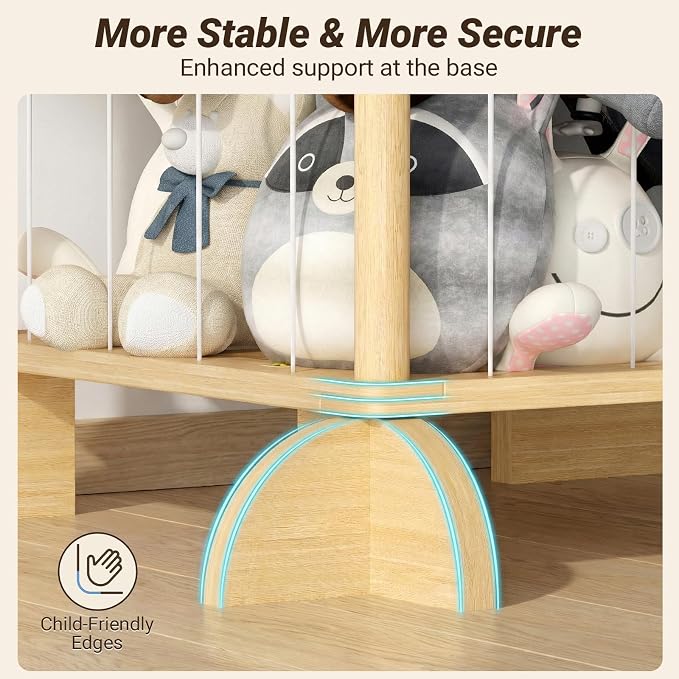 COSYLAND Stuffed Animal Storage Organizer for Kids Room - Large Pine Wood Plush Toy Holder with Elastic Cords & Nameplate - Cute Castle Toy Zoo for Toddler Room & Corner (Colorful Chain)