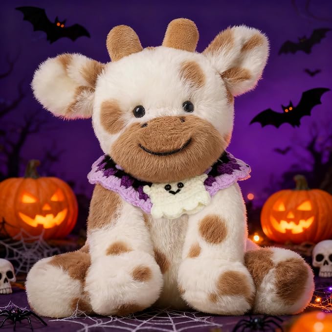 Hopearl Adorable Halloween Plush Cow Toy with Knitted Cute Ghost Bib Floppy Dairy Cattle Soft Stuffed Animal Kawaii Gifts for Boys Girls Kids Toddlers, Light Brown, 9''