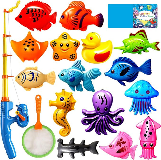 CozyBomB™ Magnetic Fishing Toys Game Set for Kids | Water Table Bathtub Kiddie Pool Party Pole Rod Net, Outdoor Plastic Floating Fish, Toddler Bath Color Ocean Sea Animals Birthday Gift Age 3-5 6 4-8