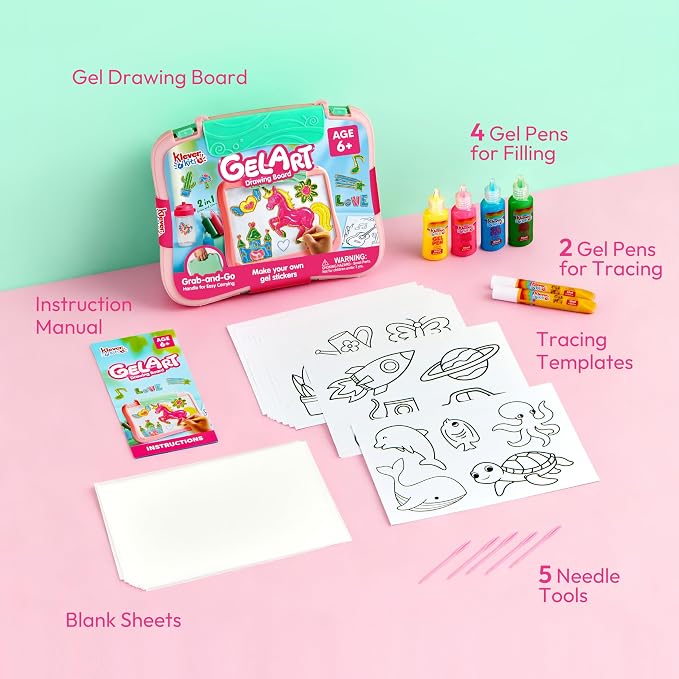 JOVA Klever Kits Gel Art Drawing Board- Window Craft and Stickers, Arts and Crafts for Kids 6 7 8 9 10, Window Clings Making Kits with 2 Tracing Pens and Storage Case, Educational Gifts for Toddler