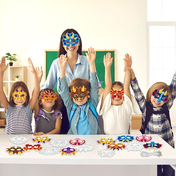 Lonfliness 36 Set Dinosaur Coloring Mask Dino Paper Arts Crafts Color Your Own Dinosaur Blank DIY Mask Masquerade Birthday Party Dress-Up Decorations Favor Activity Game Supplies