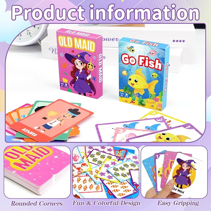 Kids Card Games, Go Fish Card Game, Old Maid Card Game, Card Games For Kids 4-8, Fun Educational Cards for Toddler 2-4 Years, Great for Family Table Travel Camping Party Classroom Games (2 Pack)