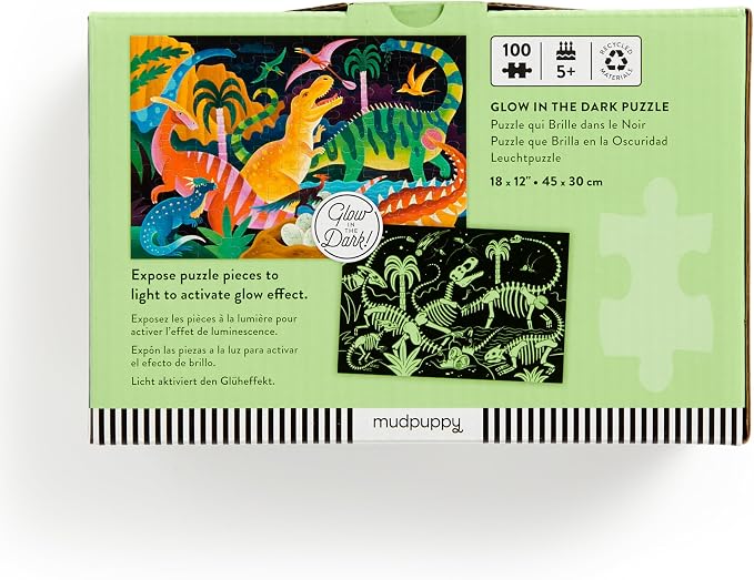 Mudpuppy Dinosaur Park – 100 Piece Glow in The Dark Jigsaw Puzzle with a Prehistoric Scene of Dinosaurs and Hidden Fossil Details in the Dark