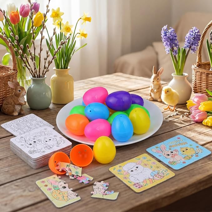 Realspring 24 Set Easter Eggs Jigsaw Puzzle for Kids Egg Hunt Game 24 Mini Bunny Puzzles DIY Coloring Paper Jigsaw Easter Eggs Basket Stuffers Fillers for Party Favors Classroom Exchange Reward School