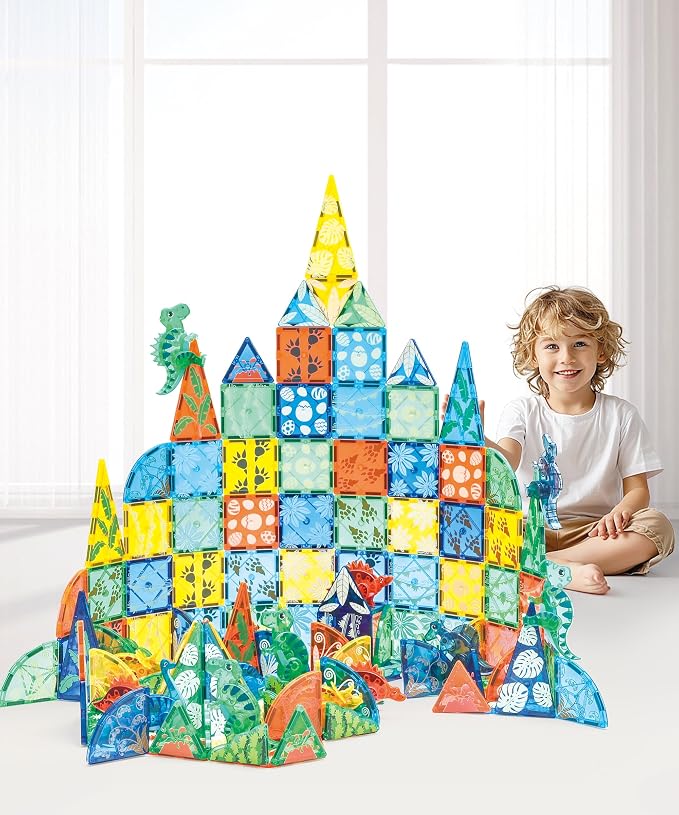 MEGAGONTILES Dinosaur Magnetic Tiles Set 106PCS | STEM-Authenticated Magnet Building Blocks with Dinosaur Animals | Educational Construction Toy for Toddlers & Kids Ages 3–8 (Boys & Girls)