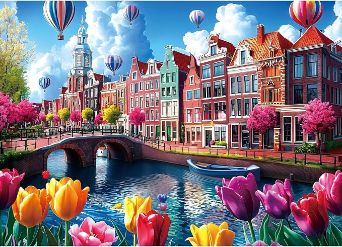 Puzzles for Adults 1000 Pieces, Amsterdam Canals-Tulip Flower, City Buildings Challenging Jigsaw Puzzles for Adults for Family Fun Challenging, Party Game Gifts Decoration, 27.5 x 19.7 inch