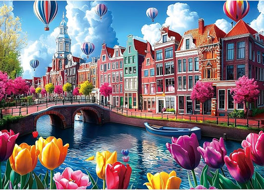 Puzzles for Adults 1000 Pieces, Amsterdam Canals-Tulip Flower, City Buildings Challenging Jigsaw Puzzles for Adults for Family Fun Challenging, Party Game Gifts Decoration, 27.5 x 19.7 inch