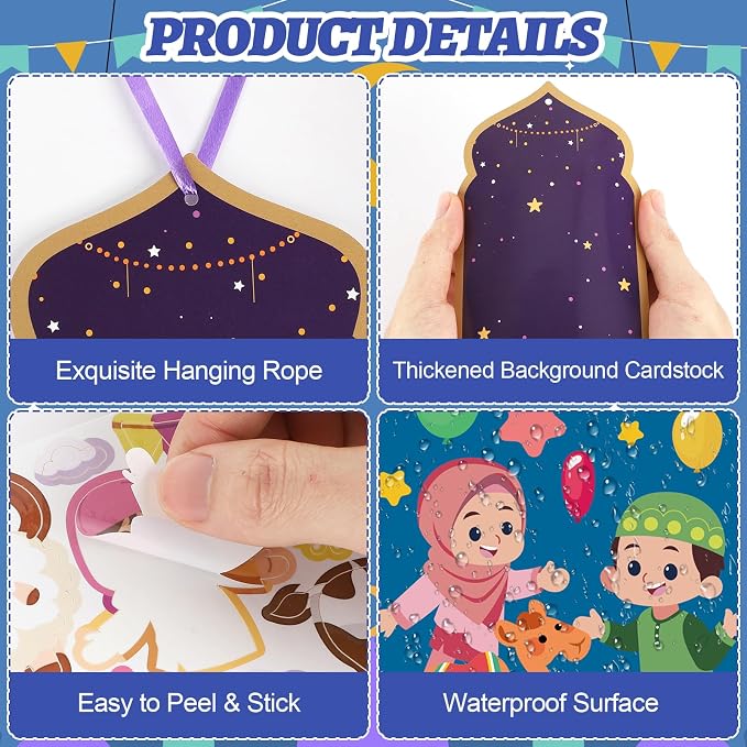 PAIVSUN 24Pcs Ramadan Crafts for Kids, Make You Own Eid Mubarak and Ramadan Kareem Craft Kit, DIY Mosque Scene Religious Sticker Activities Hanging Ornaments for Classroom Party Favor Supplies