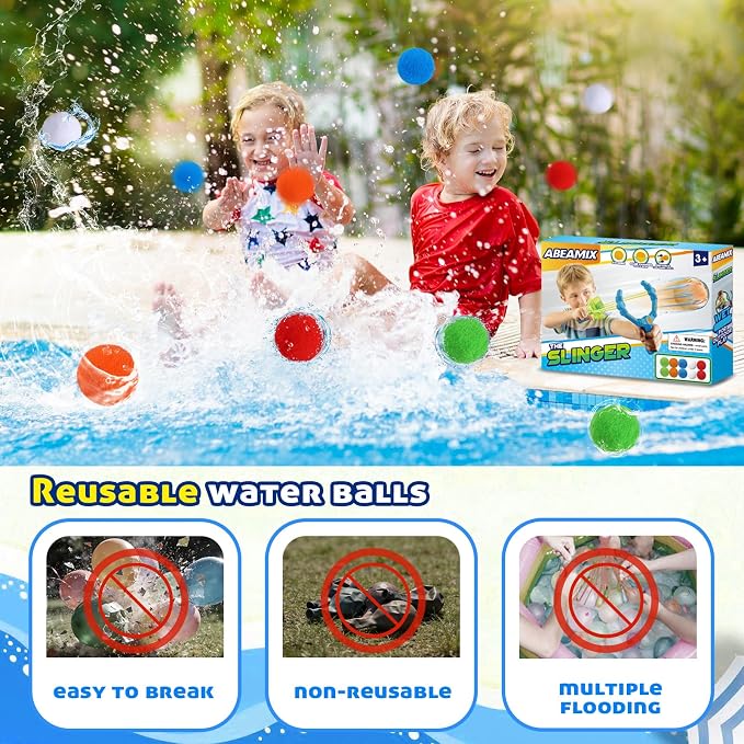 Reusable Water Balloons Set for Kids, Slingshot with 10 Soft Balls, Outdoor Indoor Toys for Backyard Pool Beach Summer Water Fight Play Games for Boys Girls Adult