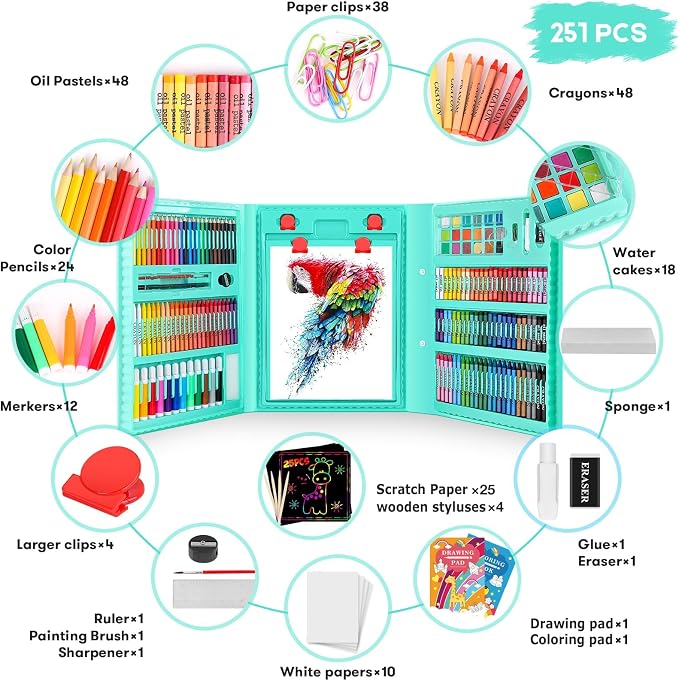 iBayam Art Supplies for Adult, Art Set Case with Trifold Easel, Scratch Paper, Sketch Pad, Coloring Book, Crayons, Pencils, Oil Pastels, Watercolors, Sharpener
