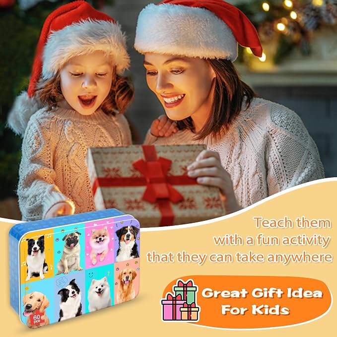 LELEMON Puzzles for Kids Ages 4-6,Dog 60 Piece Puzzles for Kids Ages 4-8,Children Jigsaw Puzzles Kids Puzzles in a Metal Box,Educational Learning Puzzle Toys for Girls and Boys