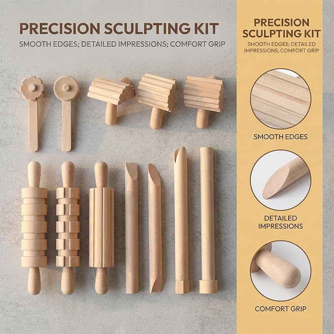 Toddmomy Wooden Clay Tool Set for Kids Toddlers, Clay Molding Tools for Pottery, Ceramics and Modeling Dough, Beginner-Friendly Art and Crafts Activities