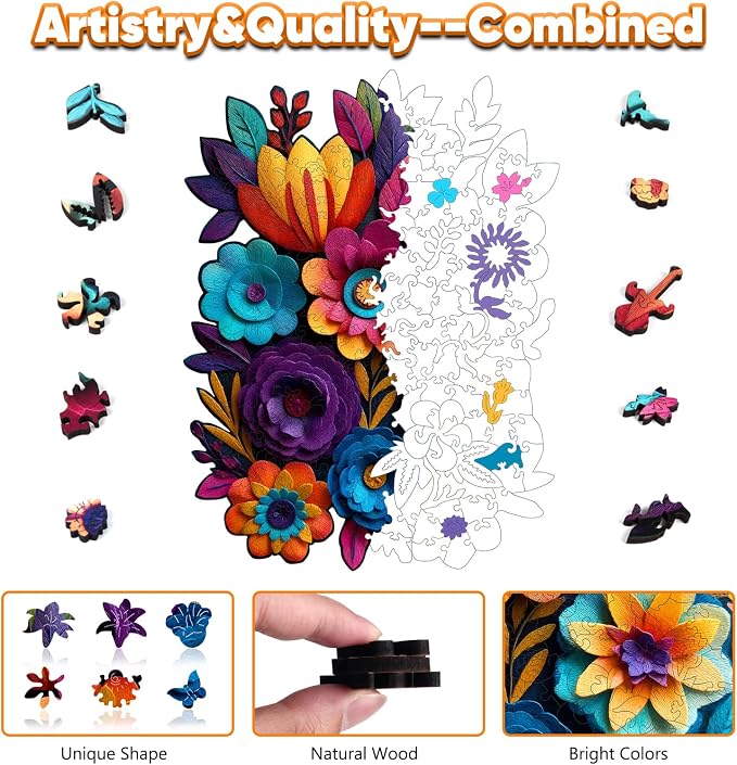Leodozzio Wooden Puzzles for Adults, Handmade Flowers Autumn Jigsaw Puzzles 200 Pieces-5MM, Unique Shaped Wooden Puzzle, Birthday Gift Family Game, 9.2x12.2 Inch