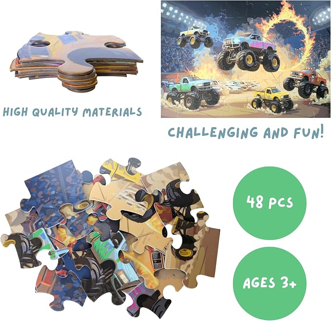 Monster Truck Rally Jumbo Floor Puzzle for Kids - 48 Large Pieces, 3ft x 2ft - Toddler Puzzles, Preschool Learning Toys, Big Piece Floor Puzzles for Kids, Ring of Fire - Tot Dojo