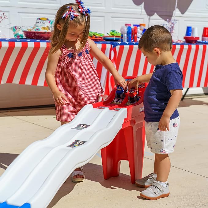 Simplay3 Fast Track Downhill Toddler Race Track Toy with Dual Lane Car Ramp Racing Set, Includes 2 Toy Cars, Indoor Active Play Raceway, Red/White/Blue