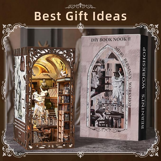 CCCDF DIY Book Nook Library Kit, Miniature Dollhouse Booknook Kit, 3D Wooden Puzzle Bookend Bookshelf with LED Light for Teens and Adults (Bernini's Sculpture Workshop)