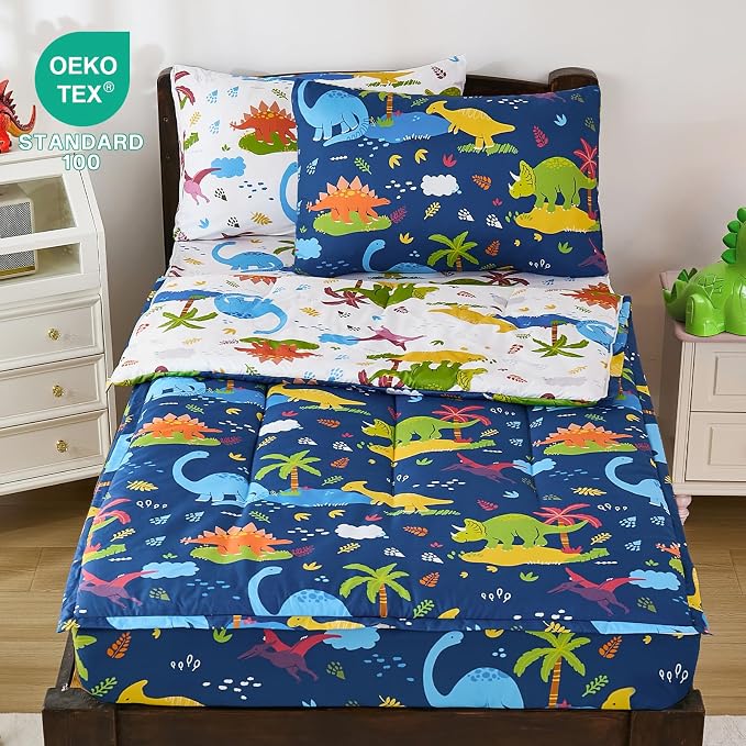 DJY Zipper Bedding Set Twin, Navy Blue Dinosaur Bedding Sets for Boys, Kids Comforter Set with Fitted Sheet Pillowcases, All in One Zipper Bed Set for All Seasons