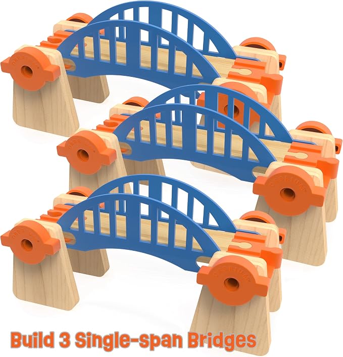 Wooden Train Track Accessories Build & Play Construction Set 90 PCS Ultimate Elevated Railway STEM Toys Track Expansion Pack Ascending Tracks Risers Bridges Tunnel Stop Go Gate Compatible Thomas Brio